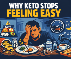 Featured image for why keto stops feeling easy, showing hunger, cravings, protein, electrolytes, sleep, and routine drift problems.