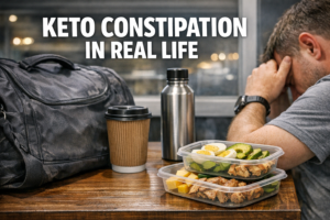 Keto constipation in real life featured image with travel bag, coffee cup, water bottle, and simple keto foods showing real-world routine problems