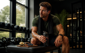 Adult pausing after a strength workout beside water and a prepared keto snack