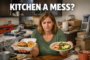 Messy kitchen renovation scene with a person holding a bunless takeout container near tools and boxed supplies beside bold text KITCHEN A MESS?