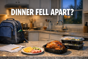 Early-evening school-night keto kitchen scene with a backpack, homework, snack plate, rescue dinner, and bold text Dinner Fell Apart?