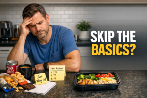 Person restarting keto at a kitchen counter with random low-carb snacks, a simple checklist, meal prep, and bold text Skip the Basics?