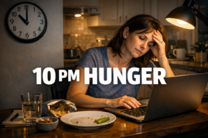 Tired person working late from home with a laptop, weak snack setup, and a 10 PM clock showing late-night keto hunger