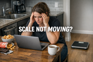 Frustrated person working from home near a kitchen with a laptop, snack clutter, and a bathroom scale showing a keto plateau